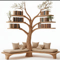 Rustic Tree Bookshelf with Corner Bench – Handmade Wooden Reading Nook for Kids & Nature Lovers