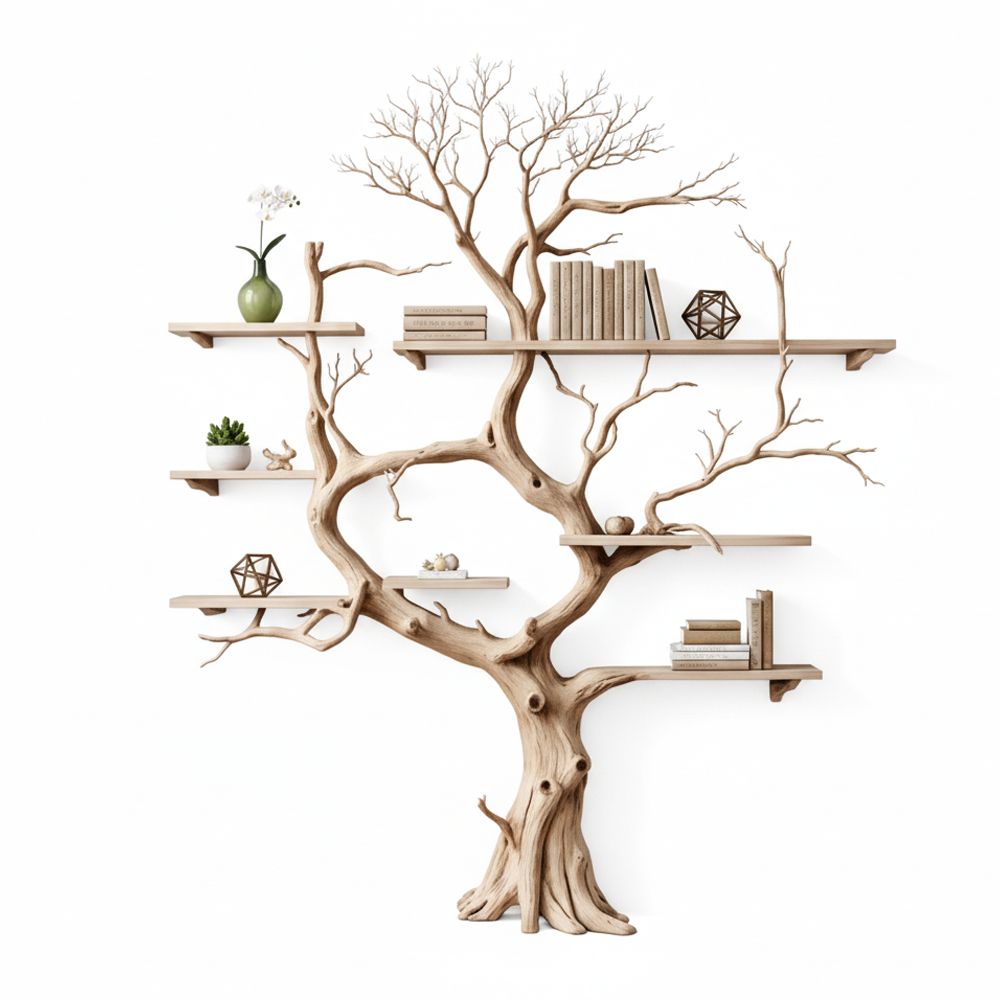 Minimalist Tree-Shaped Corner Bookshelf – Handcrafted Oak Wood Sculpture Shelf