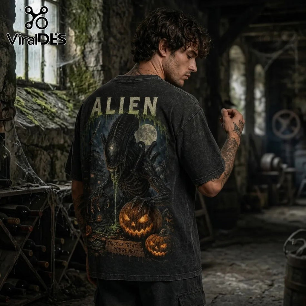 Alien Halloween Horror Pumpkin Acid Wash T-Shirt
