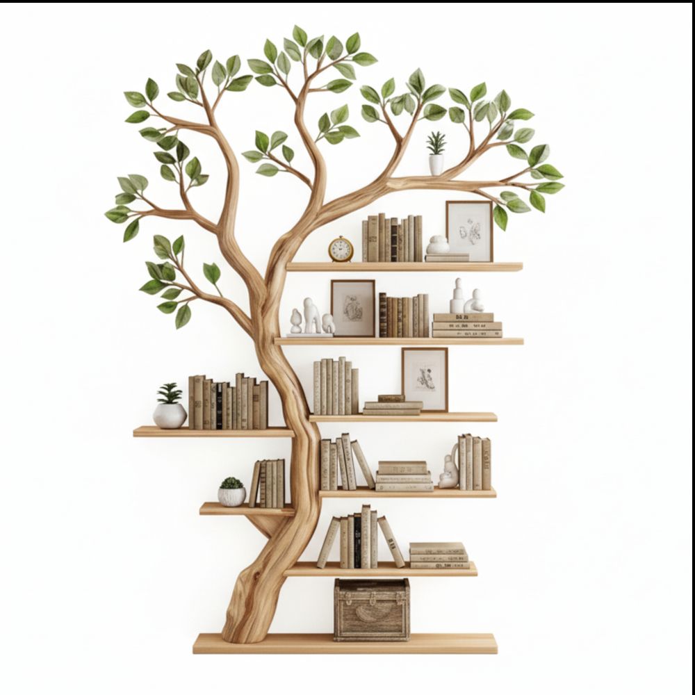 Freestanding Tree Bookshelf – Handcrafted Wooden Sculpture with Leafy Branch Shelves