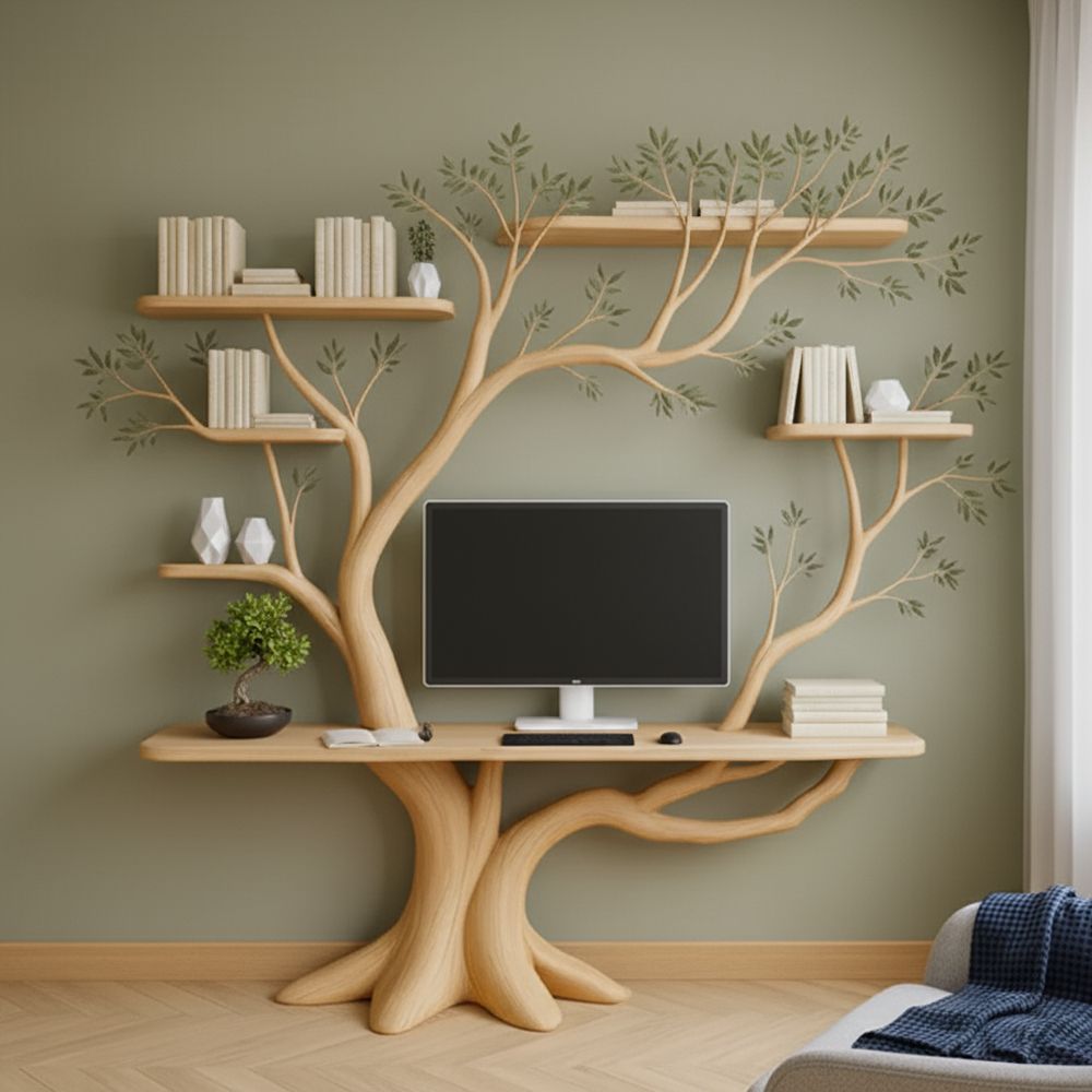 Handmade Tree-Shaped Desk – Solid Wood Workspace with Floating Shelves