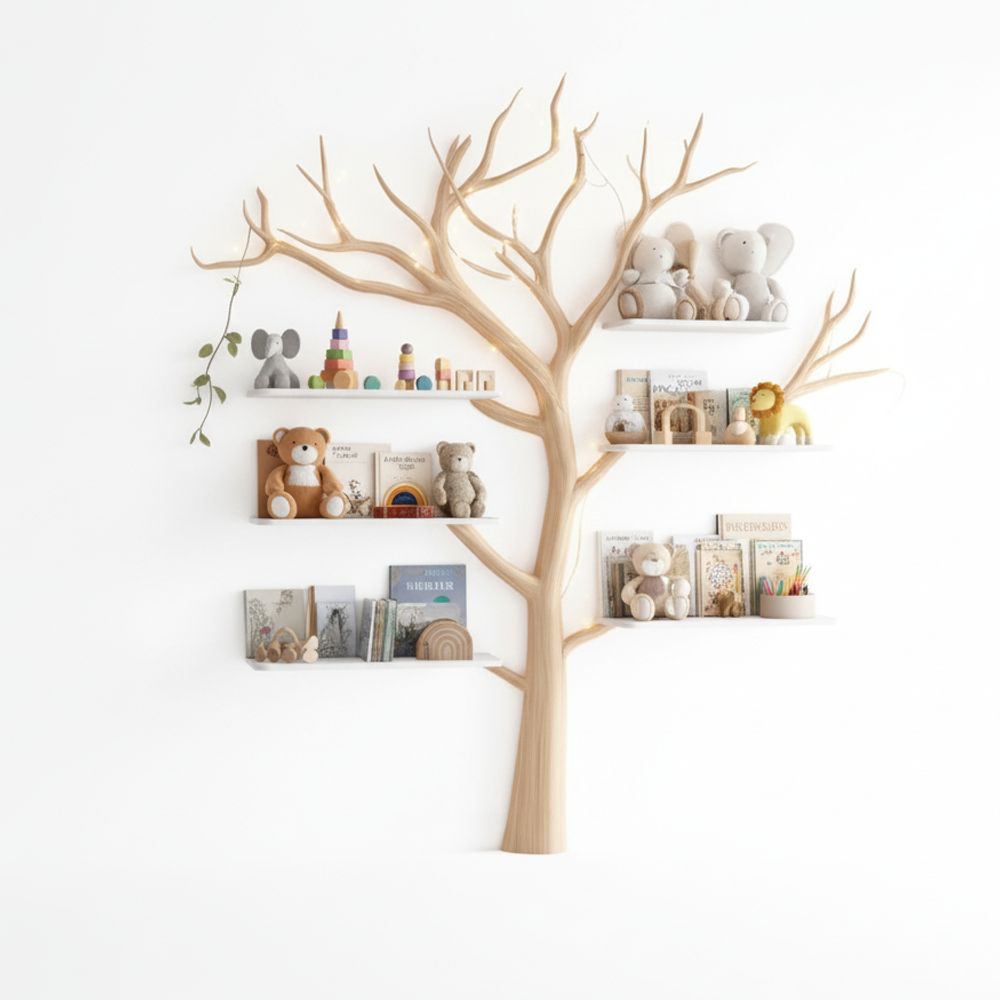 Handmade Montessori Tree Bookshelf Kids – Solid Wood Floating Shelves Bookcase Nursery