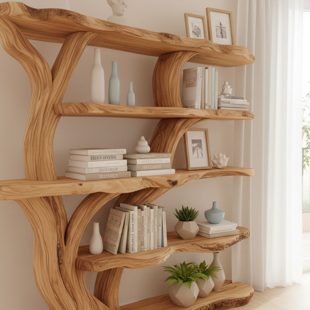 Handcrafted Tree Branch Bookshelf – Solid Wood Tree Branch Wall Shelf