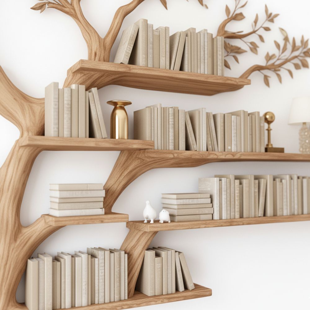 Handcrafted Tree Branch Bookshelf – Solid Wood Wall-Mounted Display