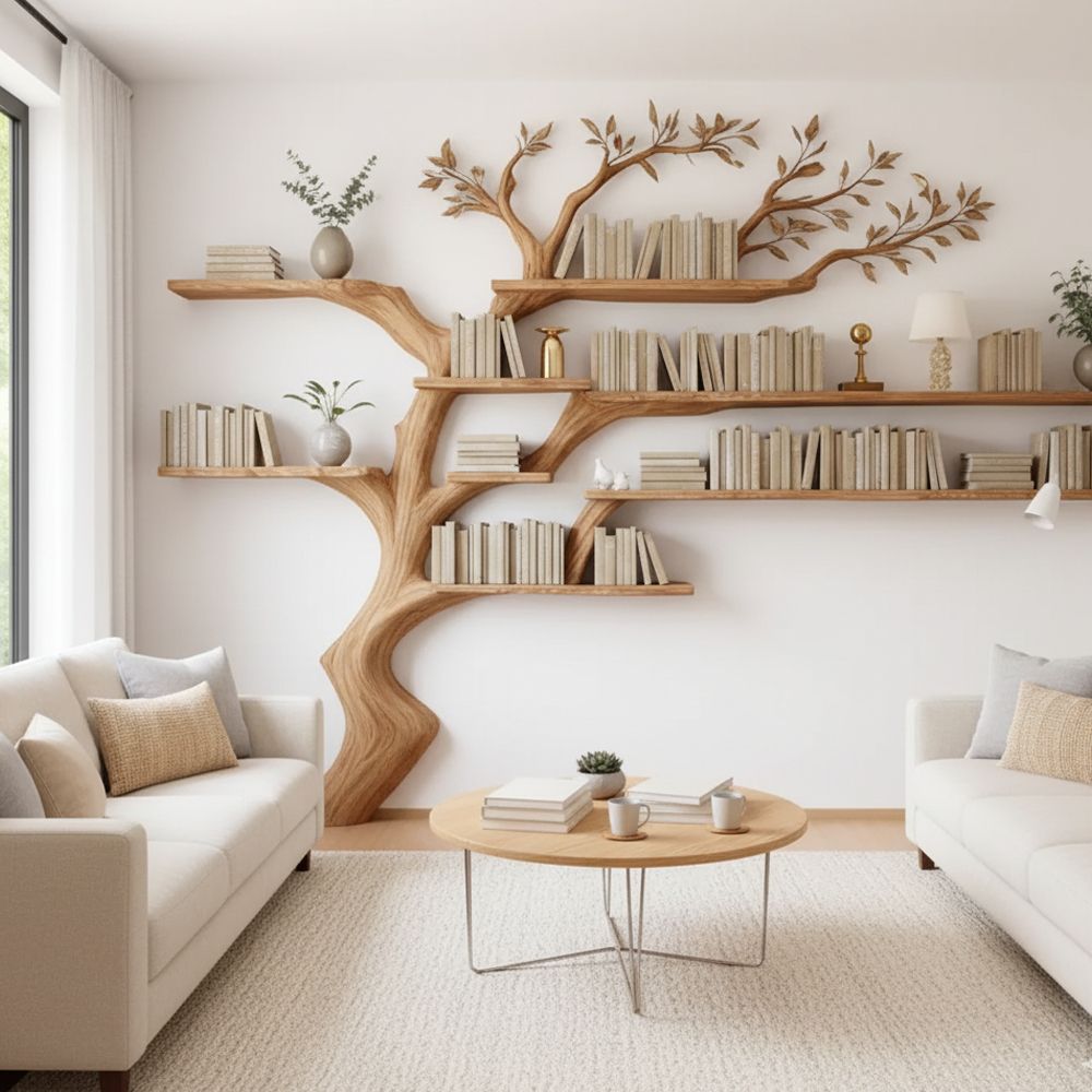 Handcrafted Tree Branch Bookshelf – Solid Wood Wall-Mounted Display
