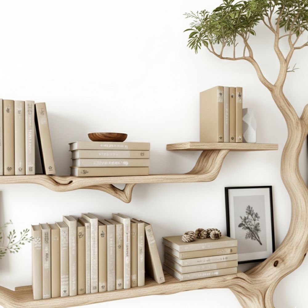 Handmade Tree-Shaped Bookshelf – Natural Wood Wall Shelf For Creative Home Decor