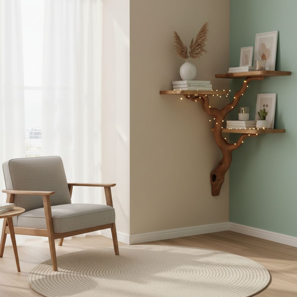 Corner Floating Shelf – Handmade Tree Branch Wall Bookshelf from Natural Wood