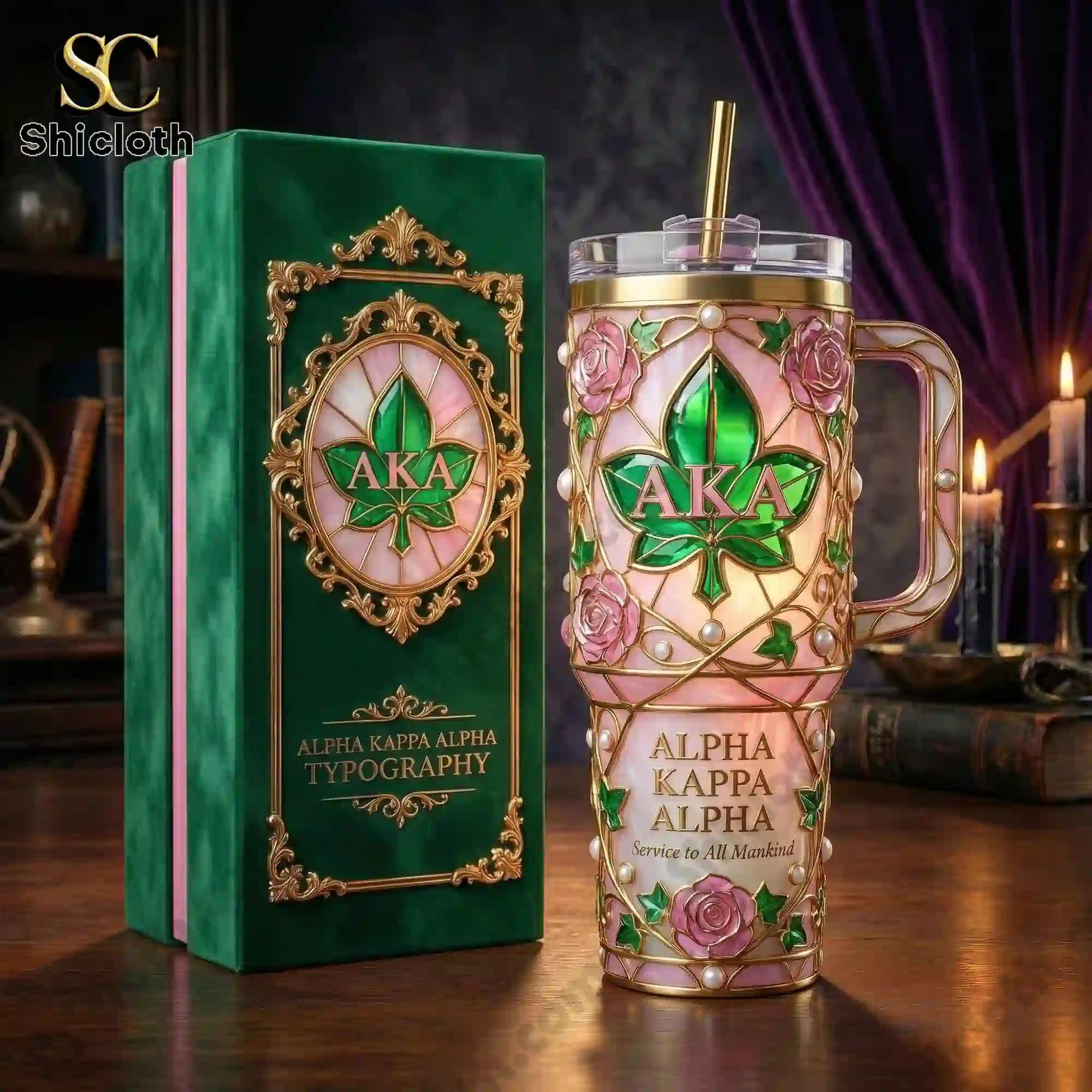 Alpha Kappa Alpha Service to All Mankind 40oz Tumbler With Handle