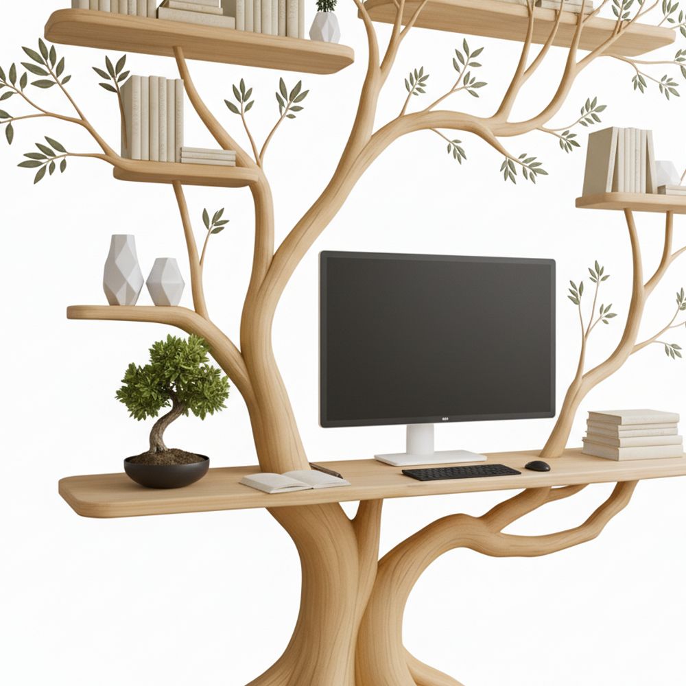 Handmade Tree-Shaped Desk – Solid Wood Workspace with Floating Shelves