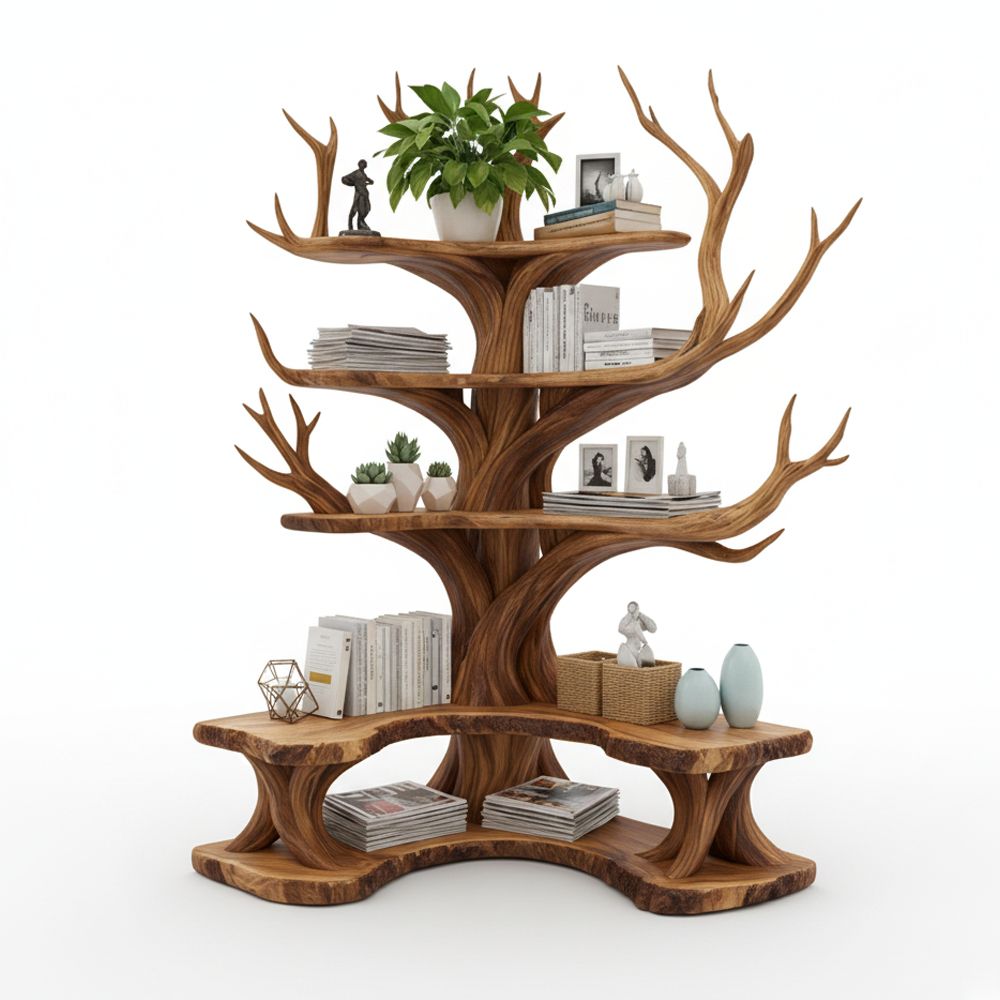 Tree Branch Bookshelf with L-Shaped Bench – Handcrafted Solid Wood Storage & Seating Combo