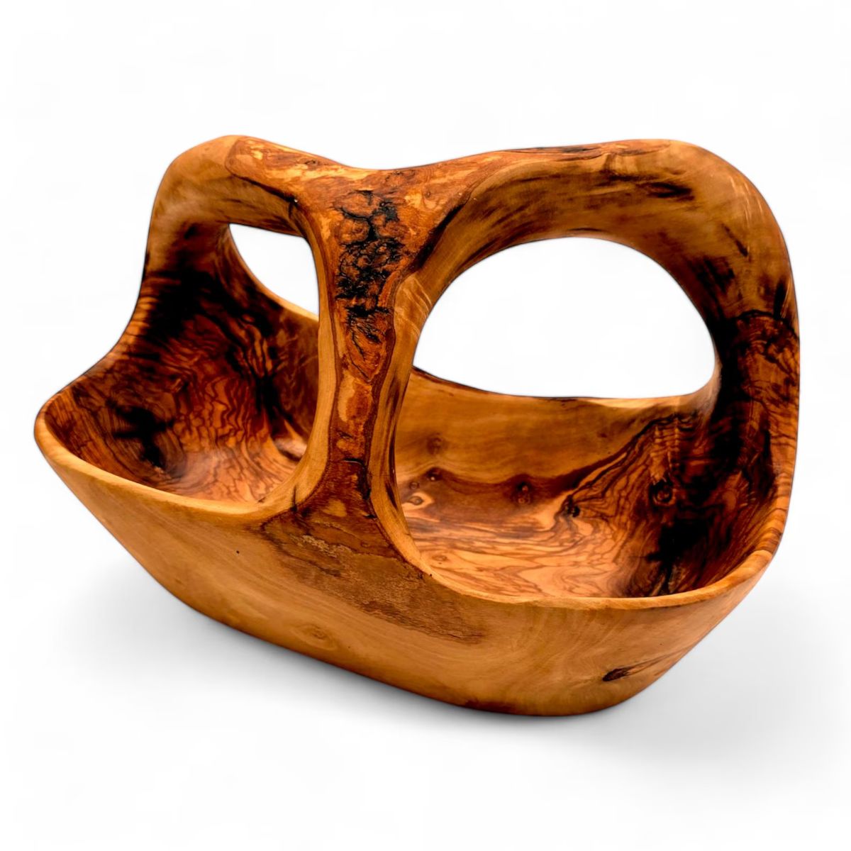 VerdantGrain Hand-Carved Olive Wood Fruit Basket with Handle