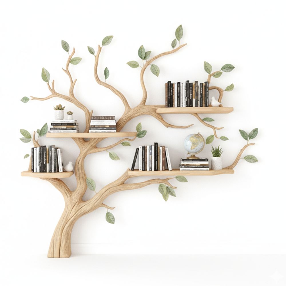 Tree Bookshelf – Handcrafted Wooden Wall Shelf with Natural Branch Design
