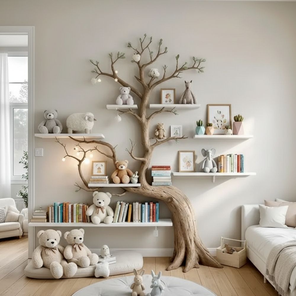 Handmade Tree-Shaped Bookshelf – Natural Wood Wall Display for Kids’ Rooms & Classrooms