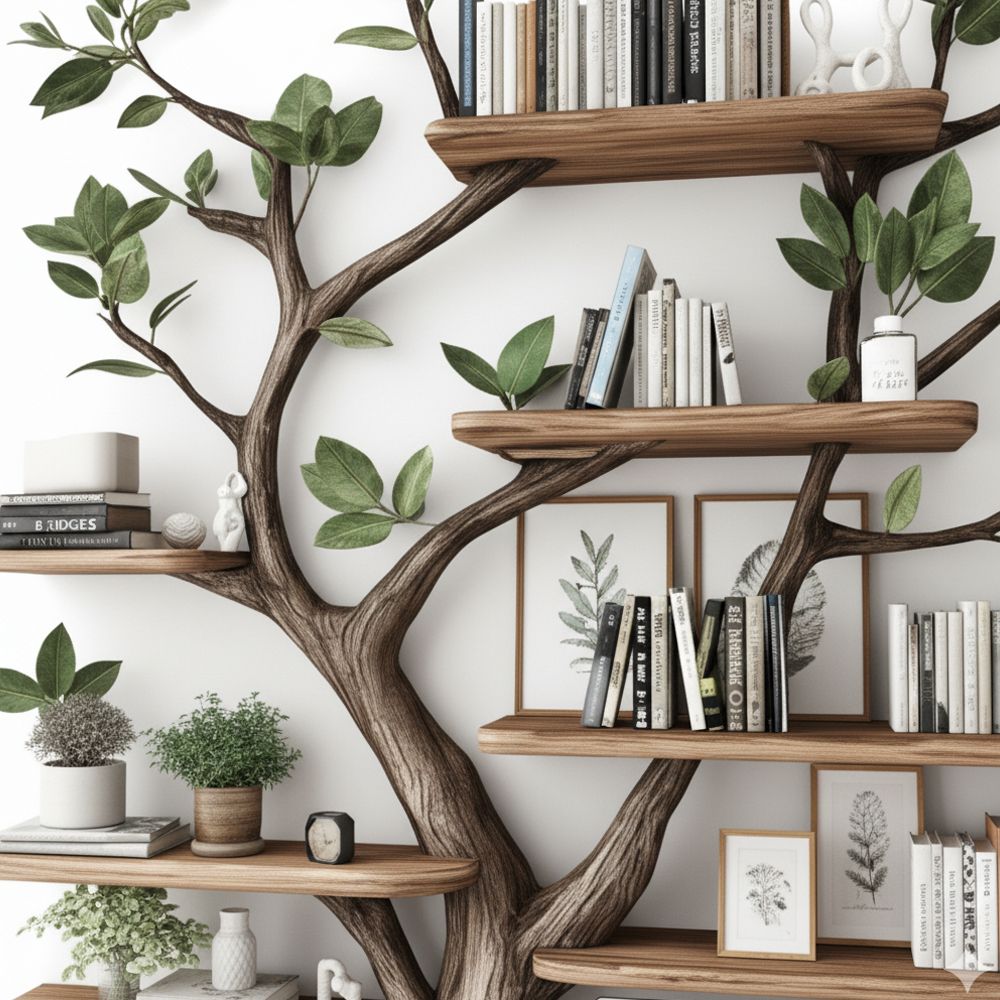 Tree Bookshelf – Handcrafted Wall-Mounted Bookcase In Natural Wood