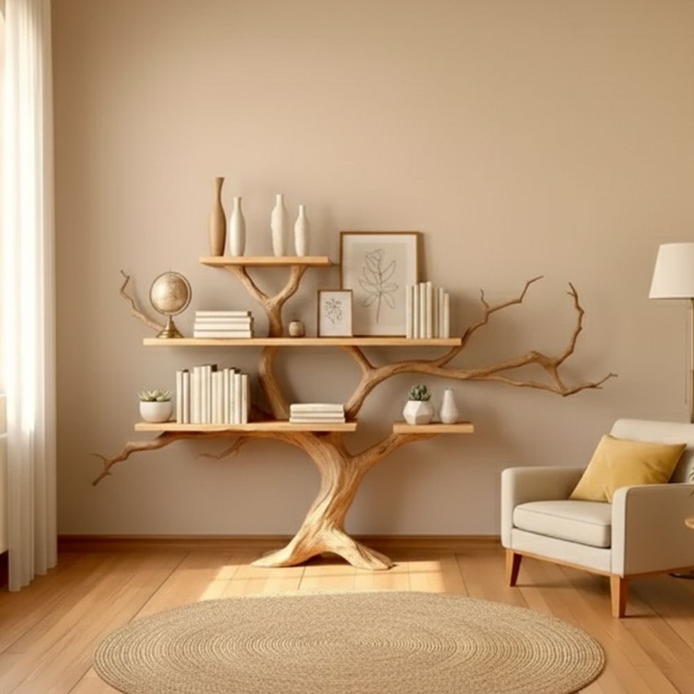 Handcrafted Driftwood Bookshelf – Handmade Solid Wood Tree Bookshelf