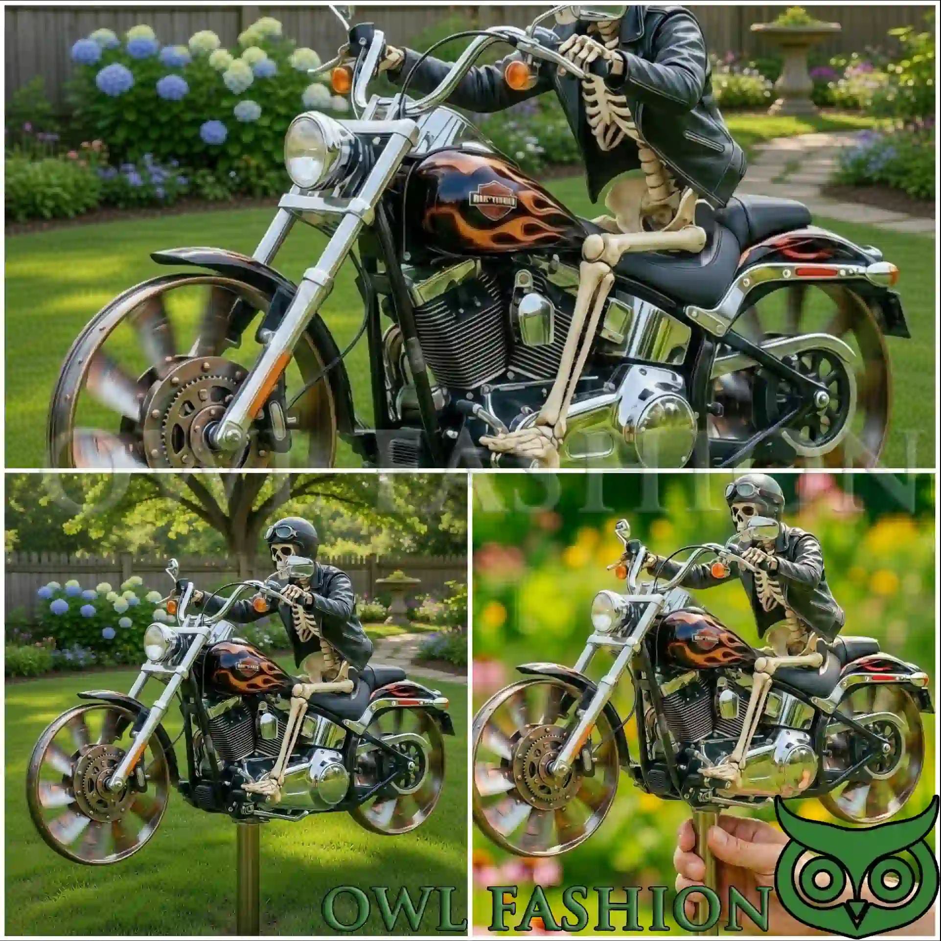 3D Design Biker Skeleton On Flame Motorcycle Wind Spinner