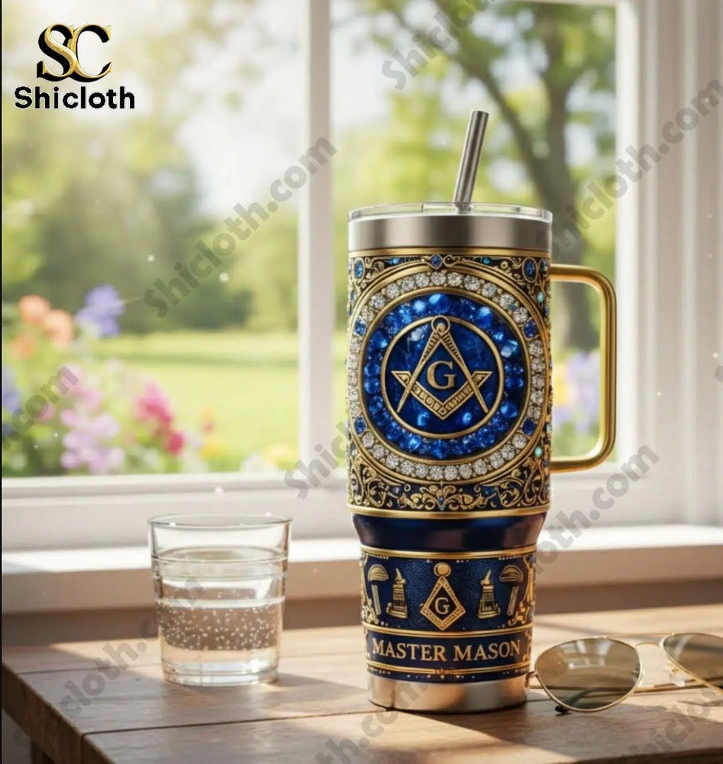 Master Mason Faith Hope Charity Ornate Blue And Gold Tumbler