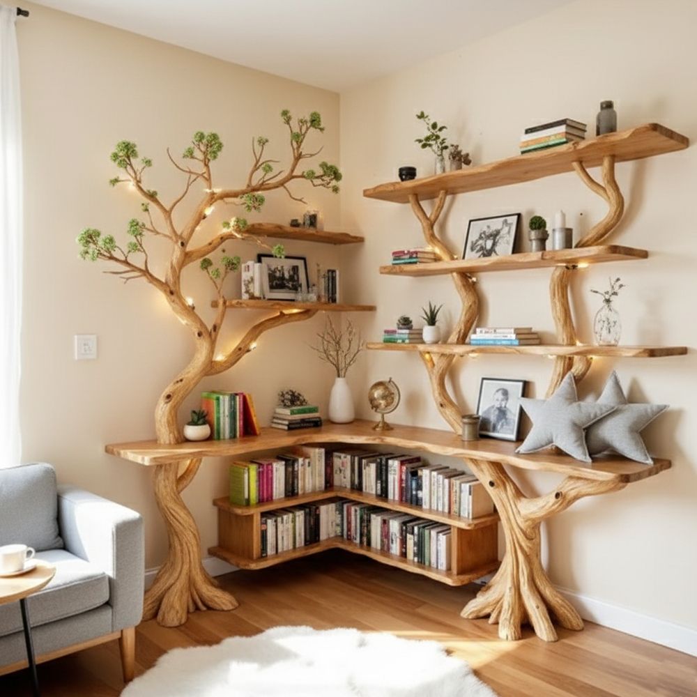 Tree-Inspired Corner Shelf – Handmade Wooden Wall Sculpture with Upcycled Materials