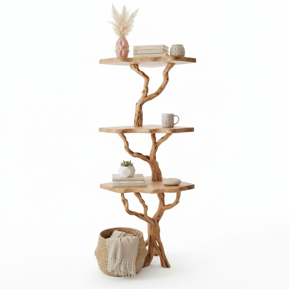 Corner Tree Floating Bookshelf – Handcrafted Driftwood & Solid Wood Shelf