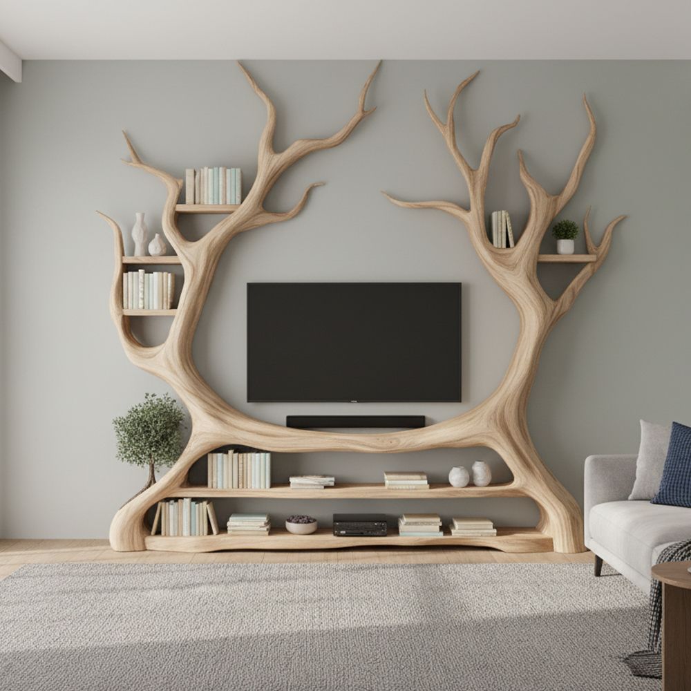 Tree-Shaped TV Stand & Bookshelf Unit – Handcrafted Solid Wood Wall Display