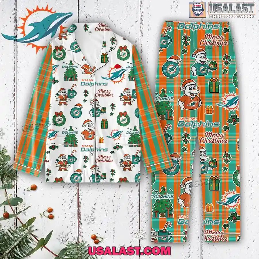 Miami Dolphins Plaid Button Pajamas Set