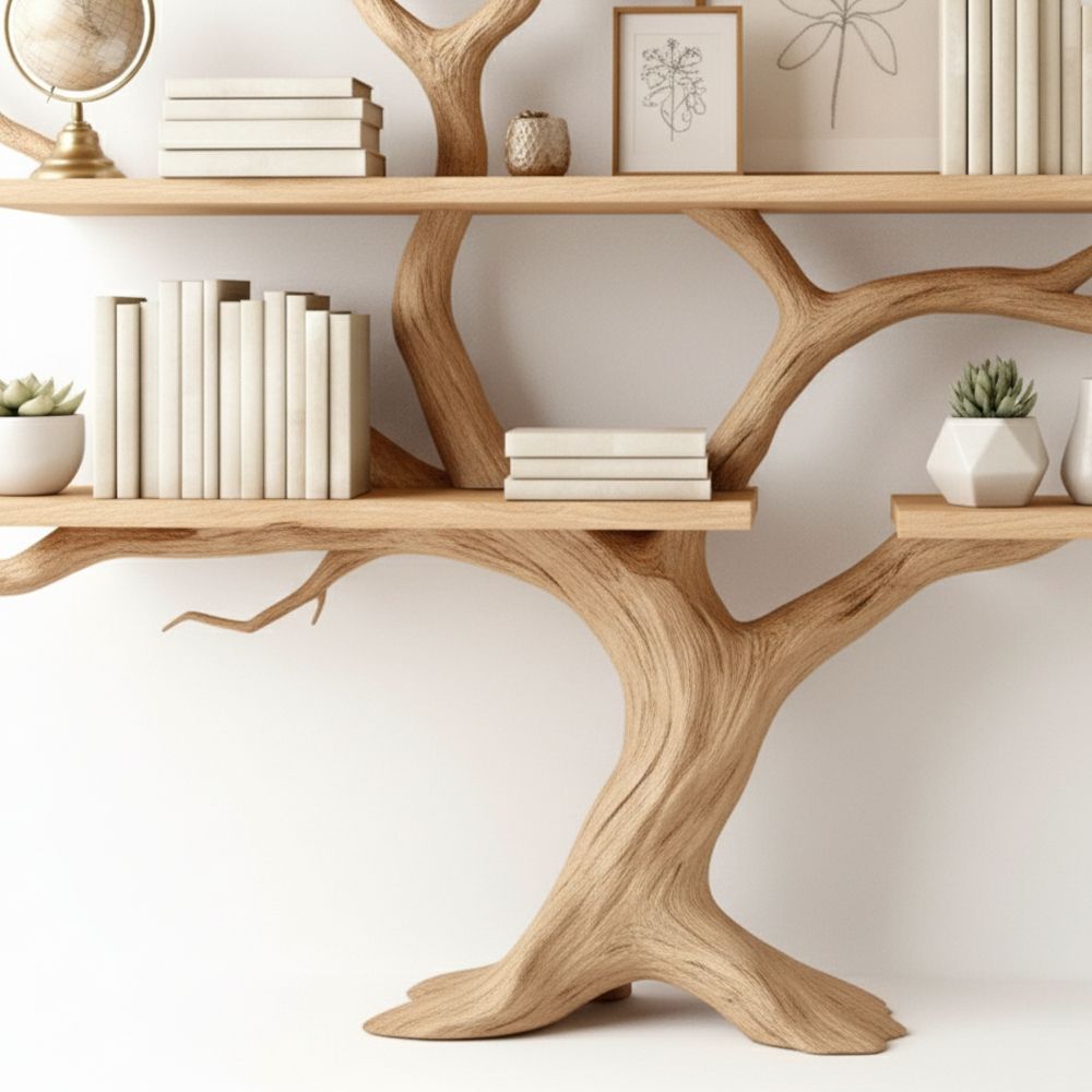 Handcrafted Driftwood Bookshelf – Handmade Solid Wood Tree Bookshelf