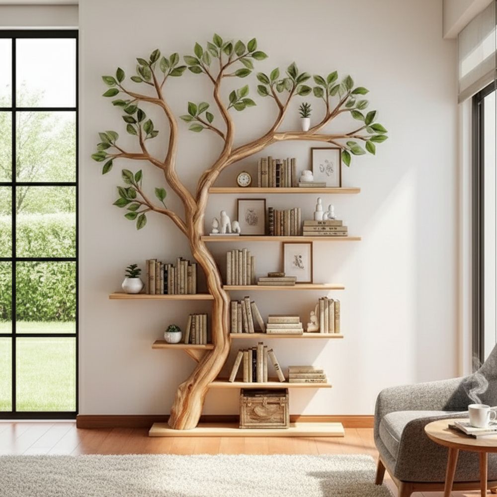 Freestanding Tree Bookshelf – Handcrafted Wooden Sculpture with Leafy Branch Shelves