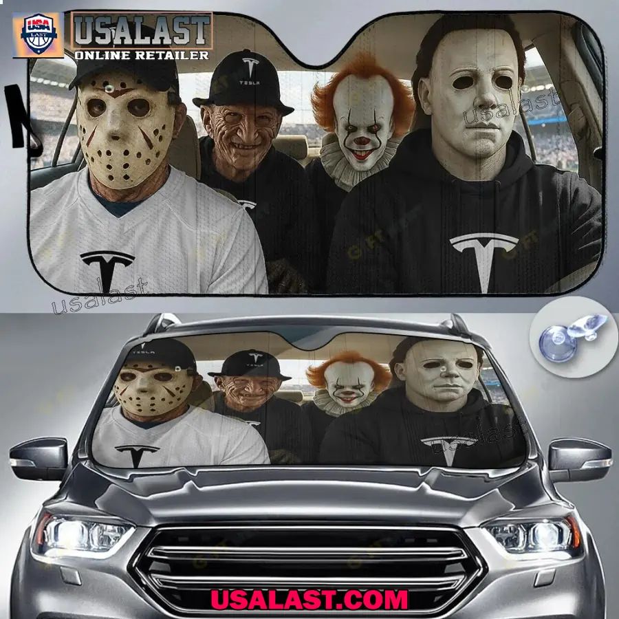 Tesla x Horror Movie Characters Car Sunshade, Car Windshield Cover