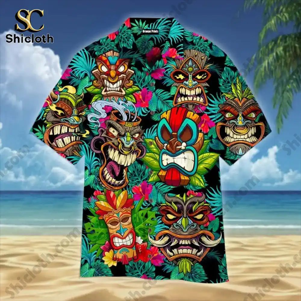 Tiki Mask Mens Funny Floral Hawaiian Shirt