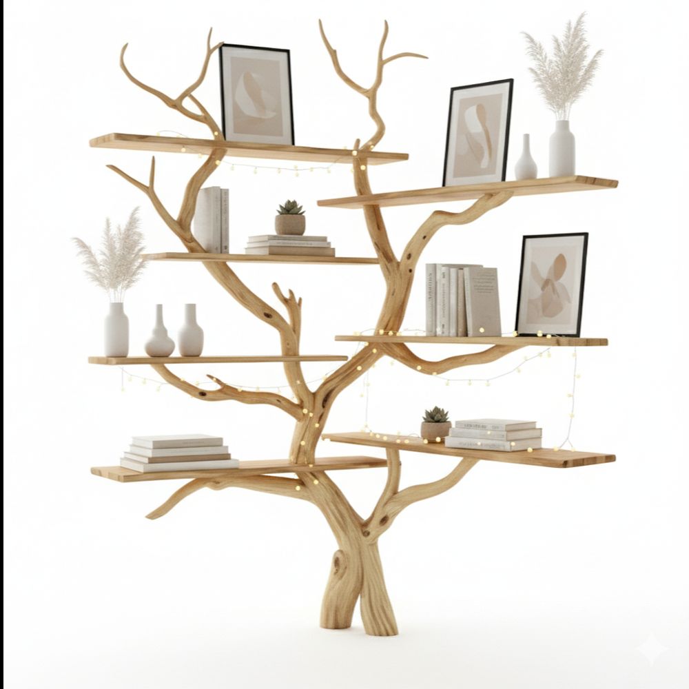 Driftwood Corner Shelf – Handmade Tree-Shaped Bookcase from Reclaimed Wood