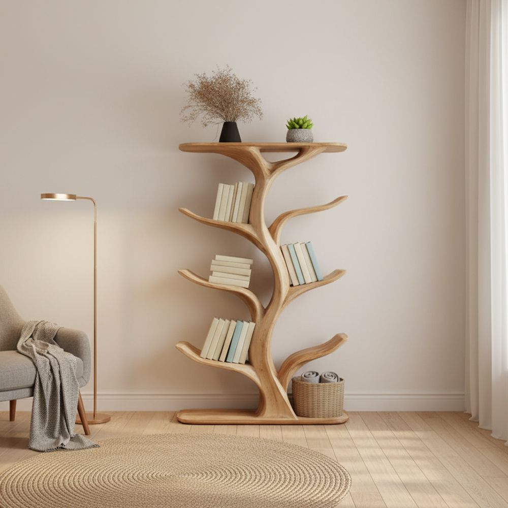 Wall-Mounted Tree Bookshelf – Handmade Vertical Wooden Bookcase for Artistic Interiors