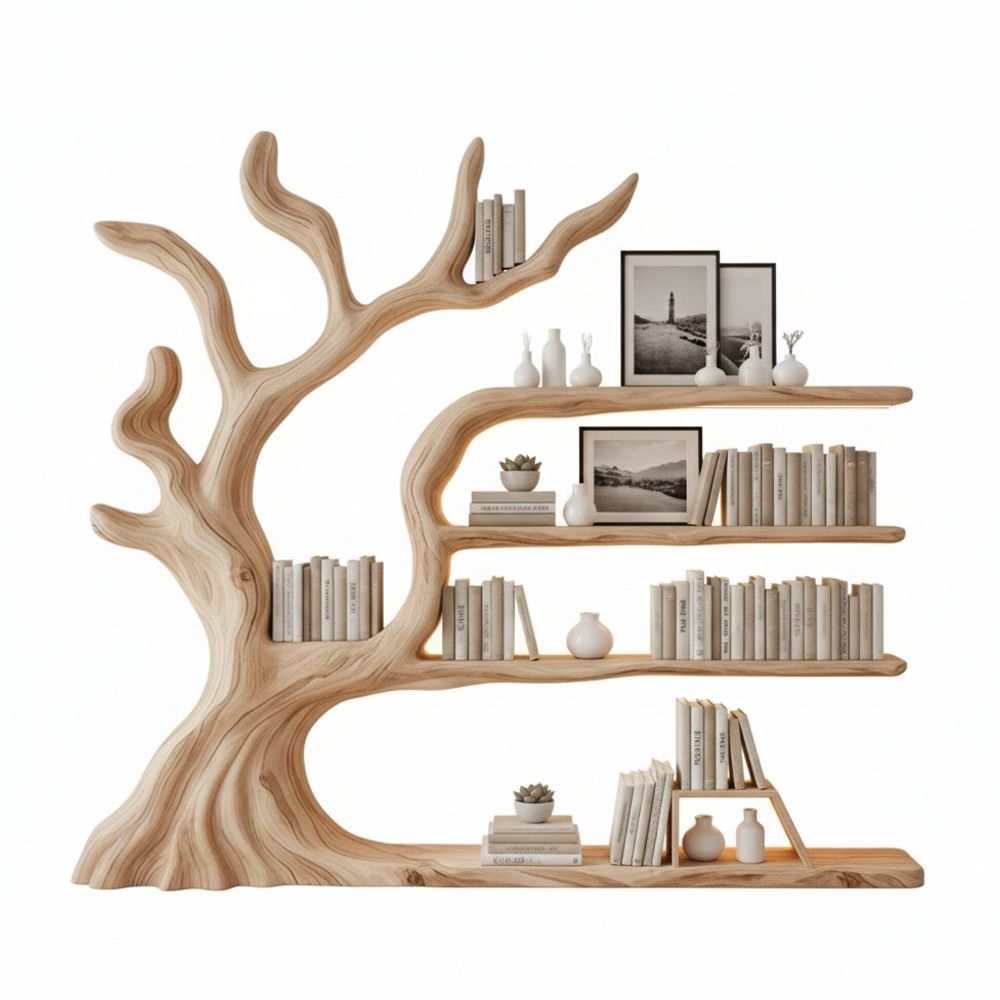 Rustic Tree Bookshelf – Handmade Wall-Mounted Shelf with Artistic Branch Design