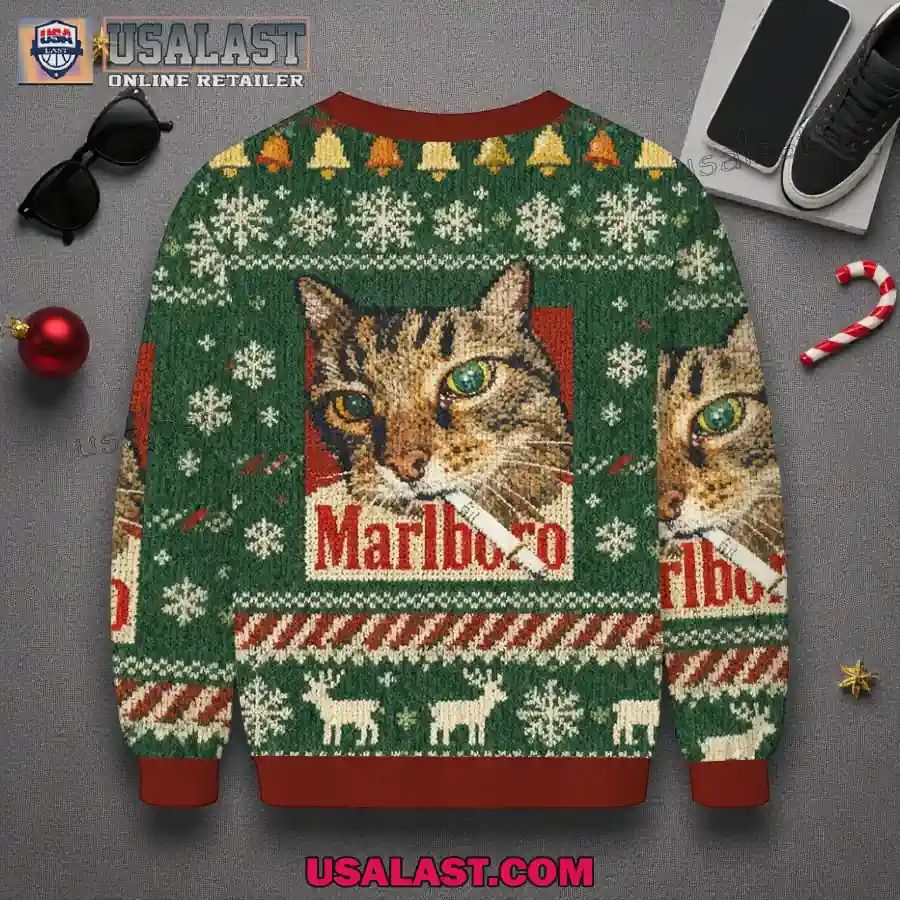 Marlboro Smoking Cat Green Christmas Ugly Sweater