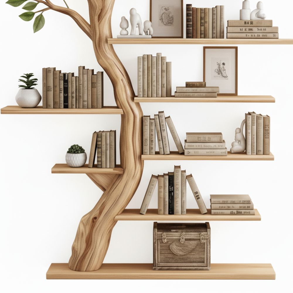 Freestanding Tree Bookshelf – Handcrafted Wooden Sculpture with Leafy Branch Shelves