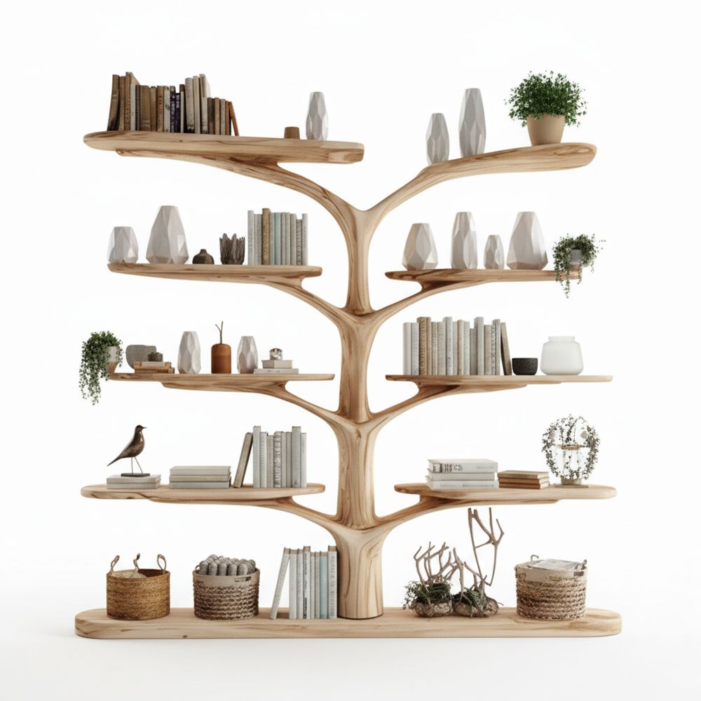 Tree-Shaped Wooden Shelf – Multi-Level Montessori Bookcase