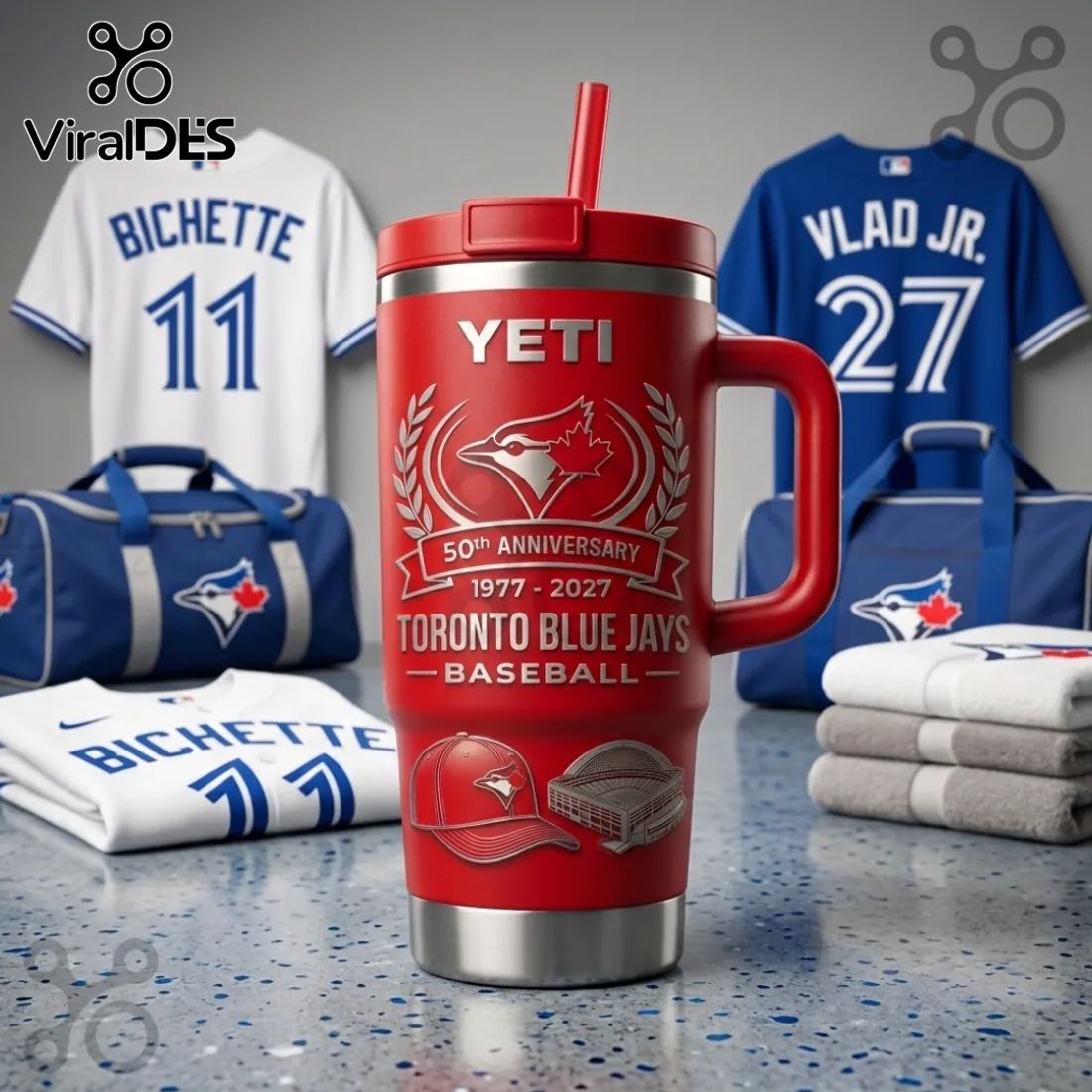 Toronto Blue Jays 50th Anniversary Engraved Red Yeti Handle Tumbler