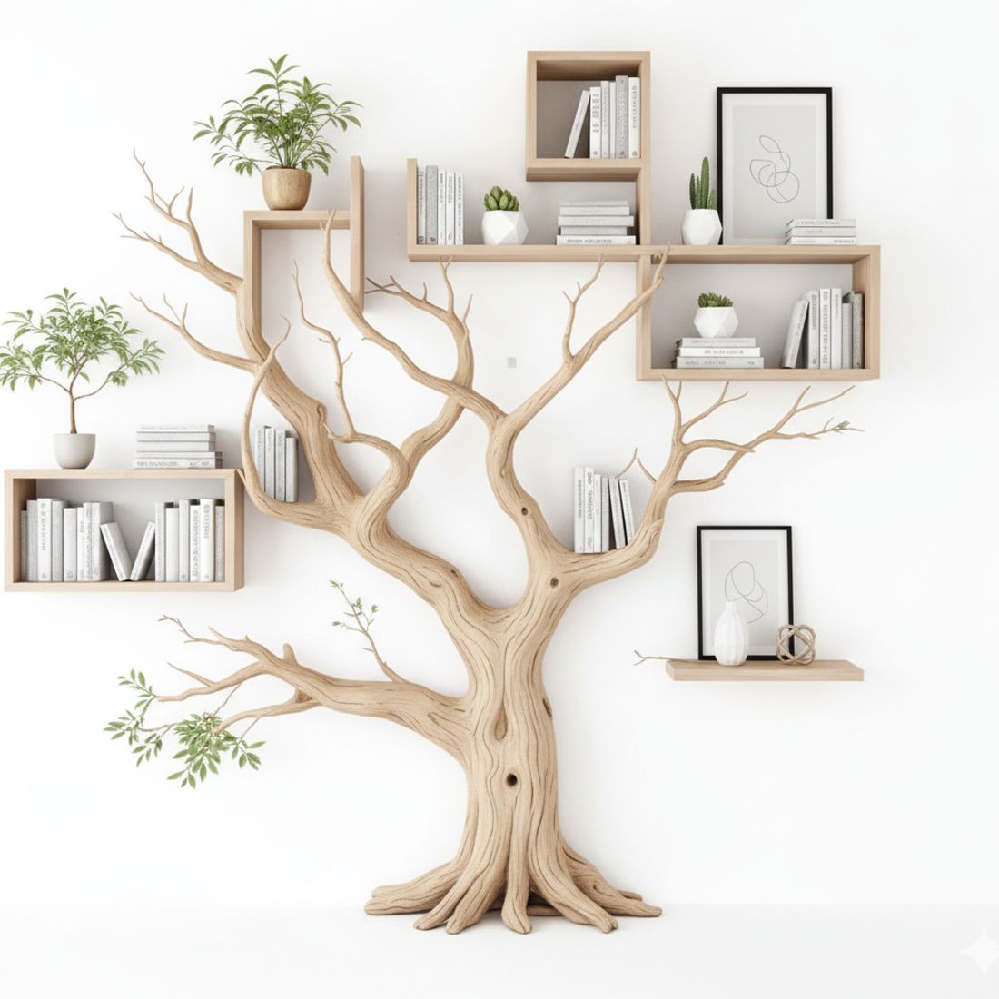 Handcrafted Tree Branch Bookshelf – Rustic Wooden Wall Decor