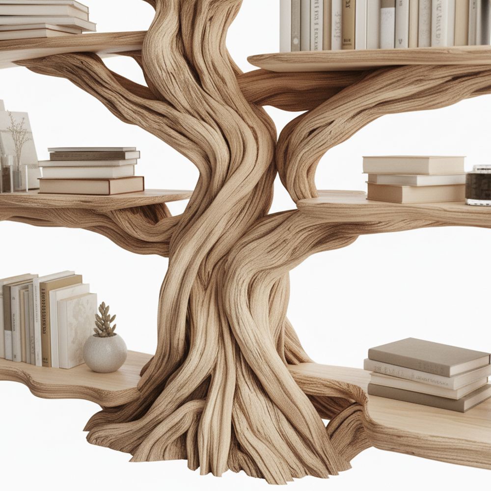 Live Edge Rustic Tree Bookshelf – Handcrafted Solid Wood Statement Piece