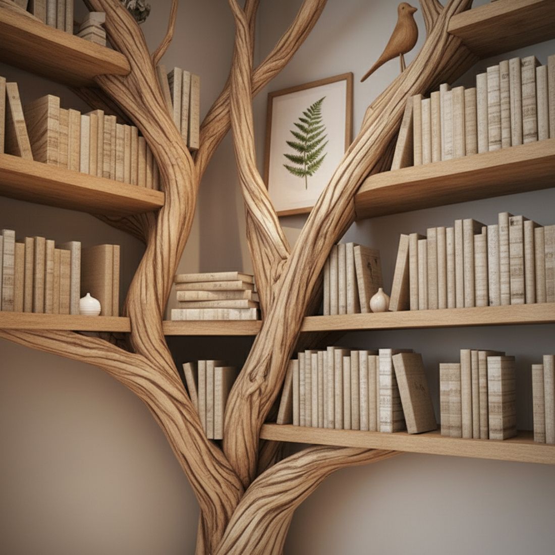 Rustic Tree Branch Floating Corner Shelf with L-Shaped Bench