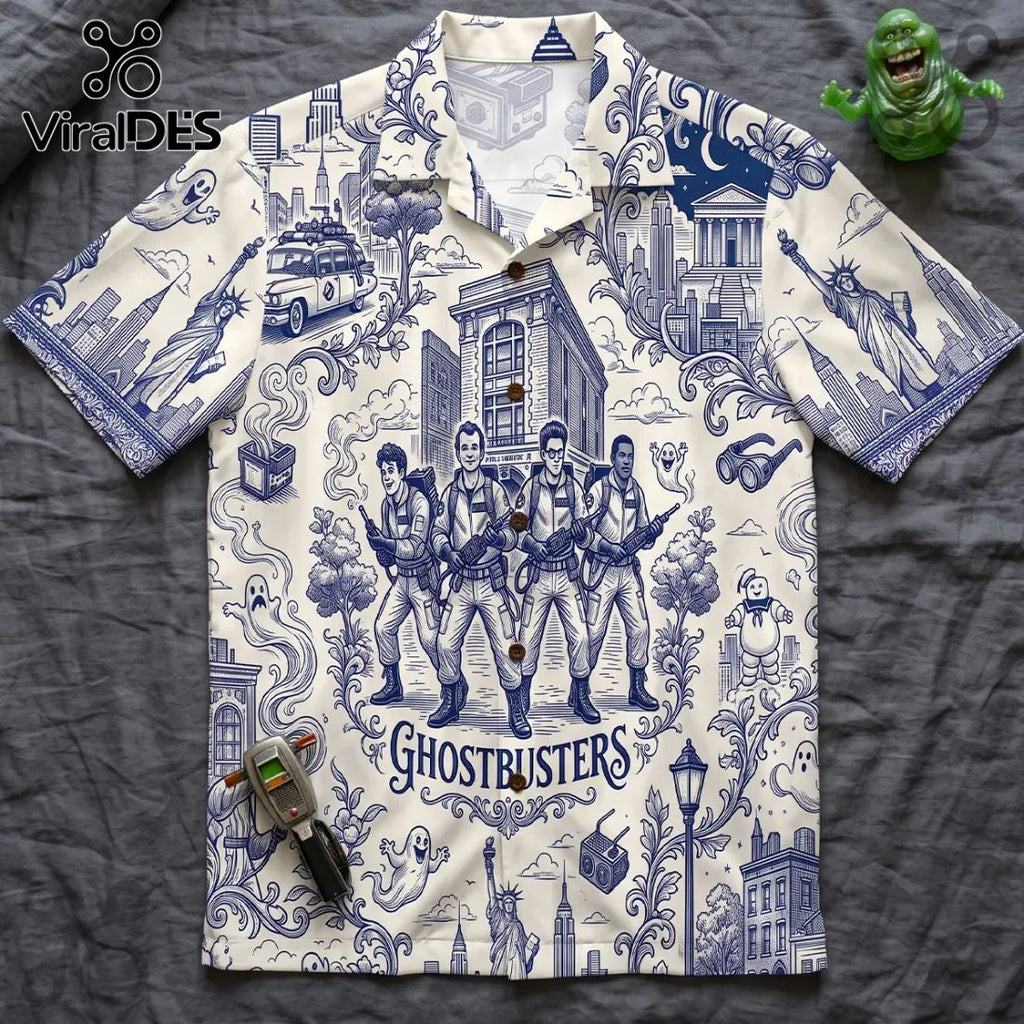 Ghostbusters Toile De Jouy Blue Button Down Shirt