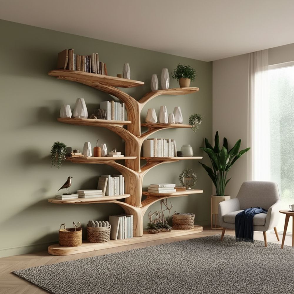 Tree-Shaped Wooden Shelf – Multi-Level Montessori Bookcase