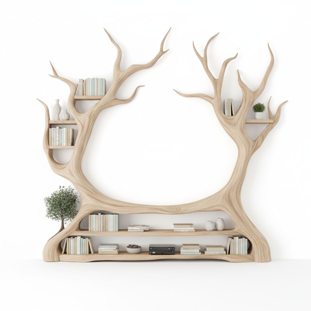 Tree-Shaped TV Stand & Bookshelf Unit – Handcrafted Solid Wood Wall Display