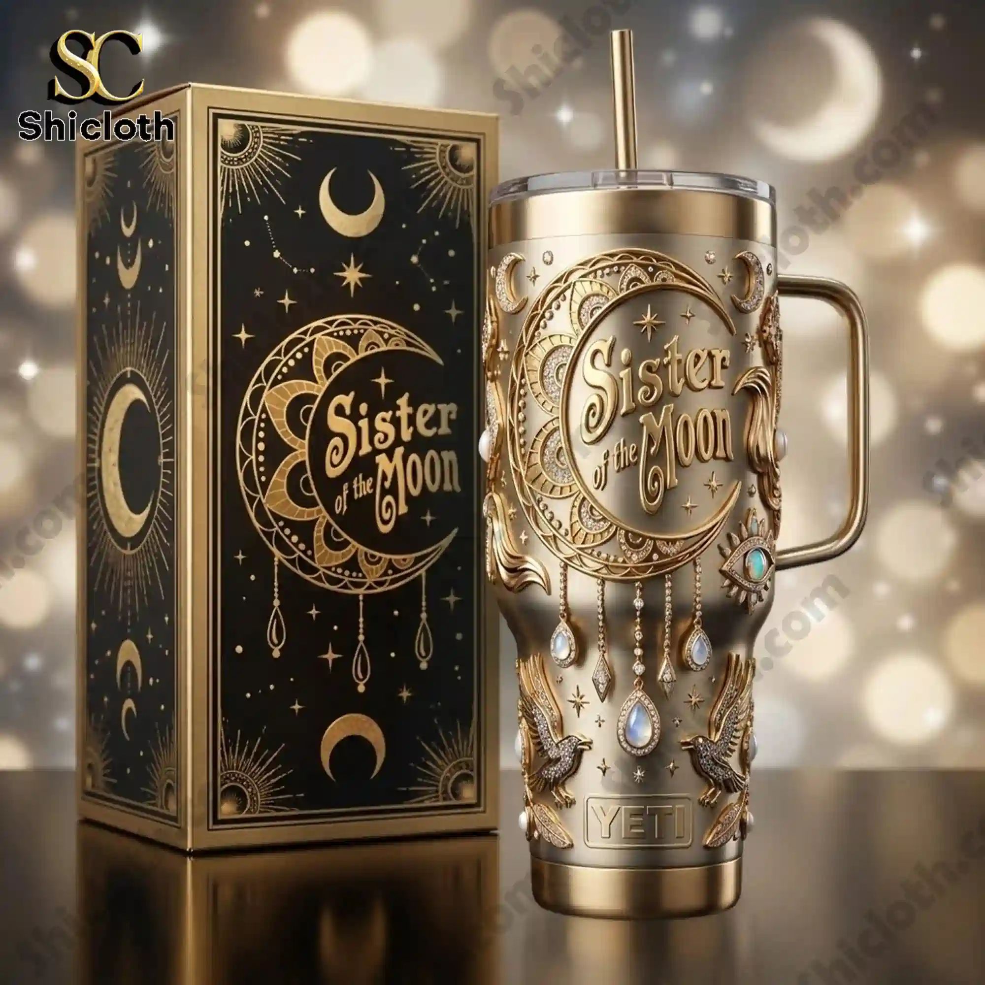 Sister of the Moon Celestial Gold Goddess 40oz Tumbler With Handle