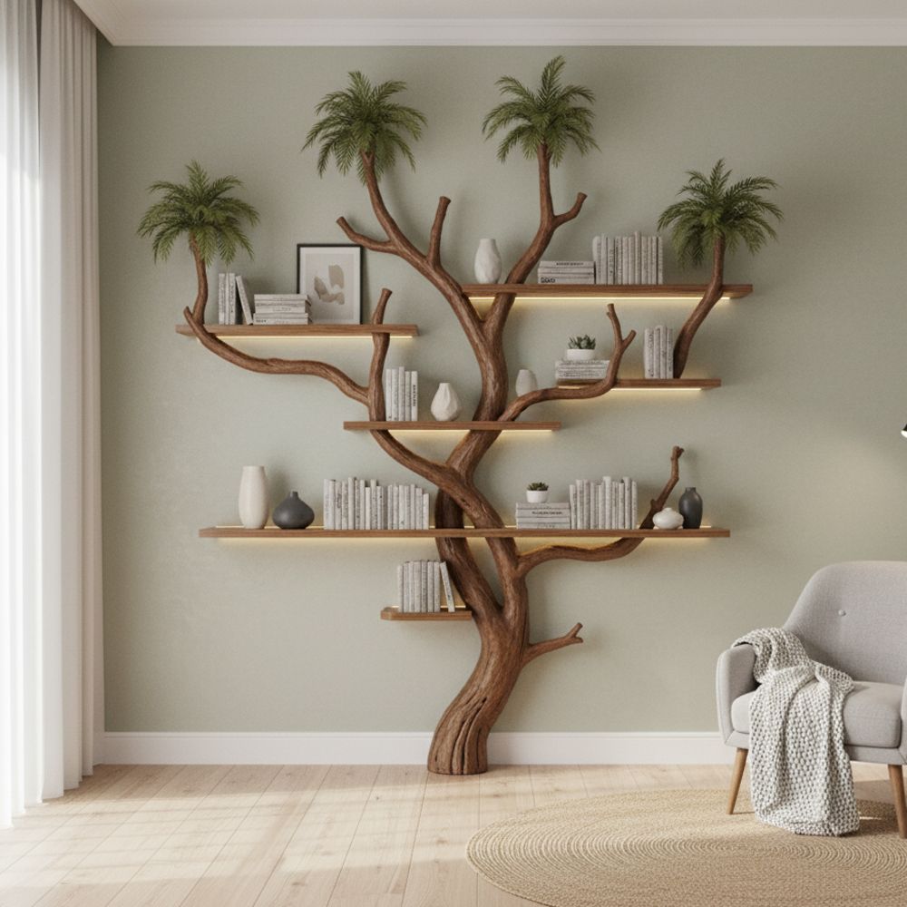Handcrafted Tree Branch Bookshelf – Solid Wood Wall-Mounted Shelf Natural Living Room Decor