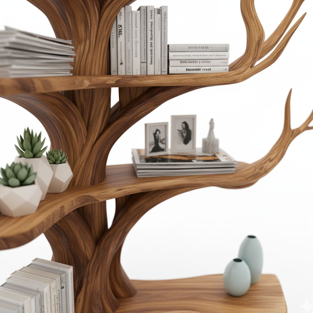Tree Branch Bookshelf with L-Shaped Bench – Handcrafted Solid Wood Storage & Seating Combo