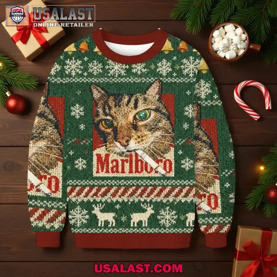 Marlboro Smoking Cat Green Christmas Ugly Sweater