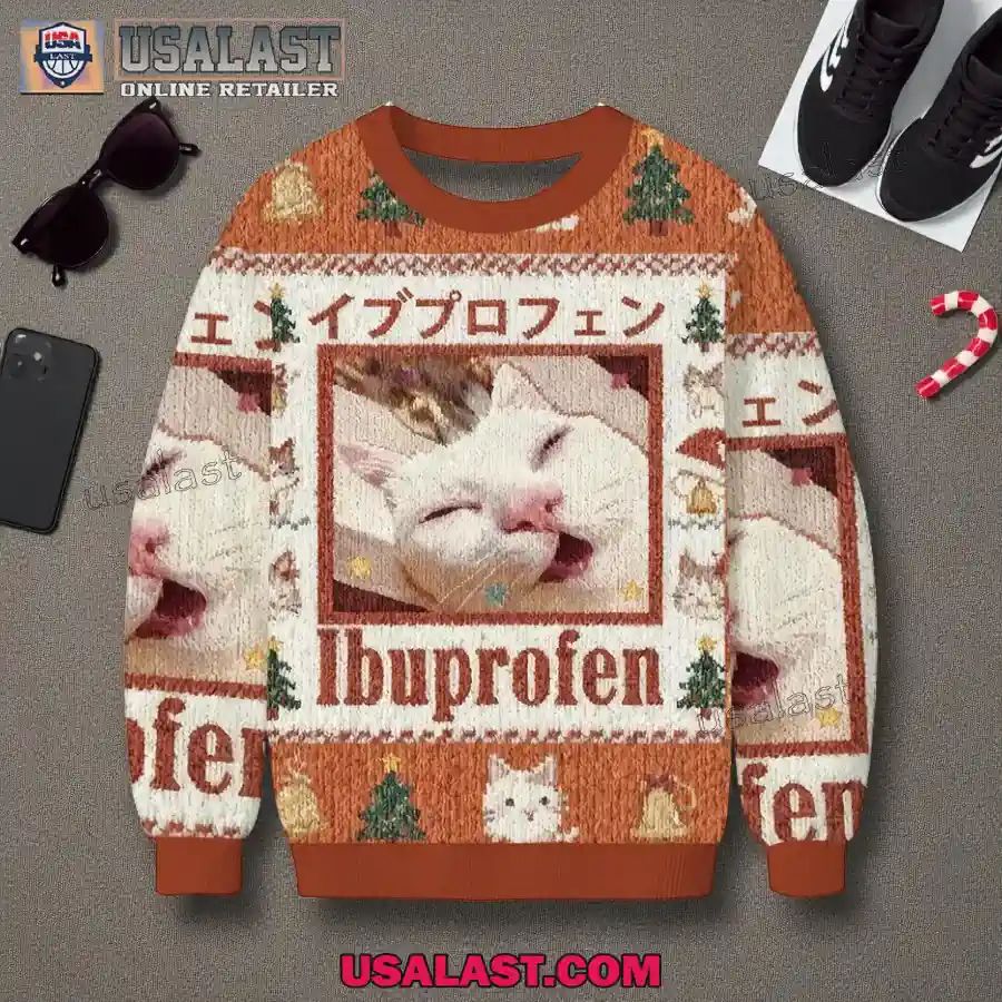 Ibuprofen Meme Cat Christmas Ugly Sweater