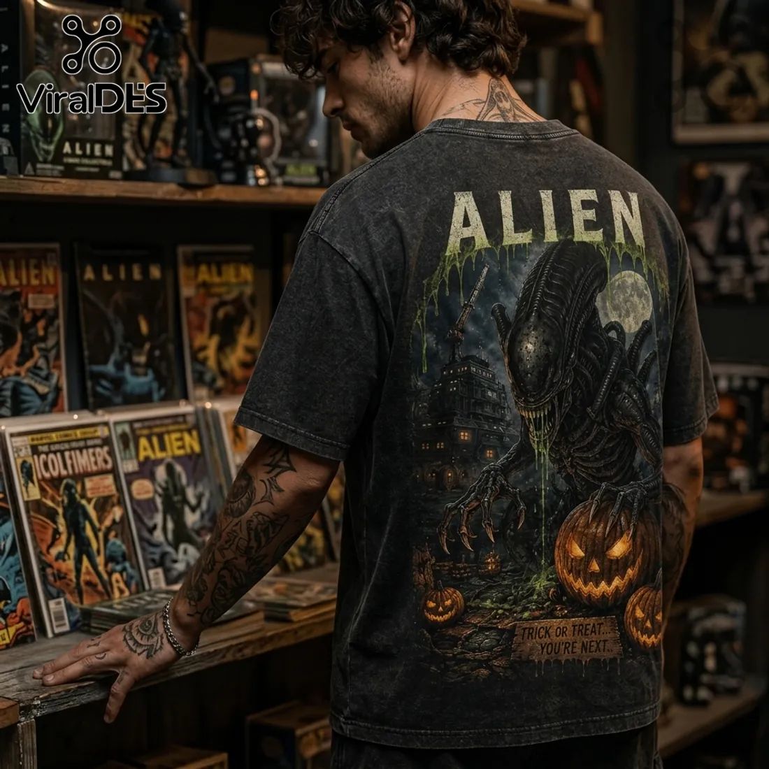 Alien Halloween Horror Pumpkin Acid Wash T-Shirt