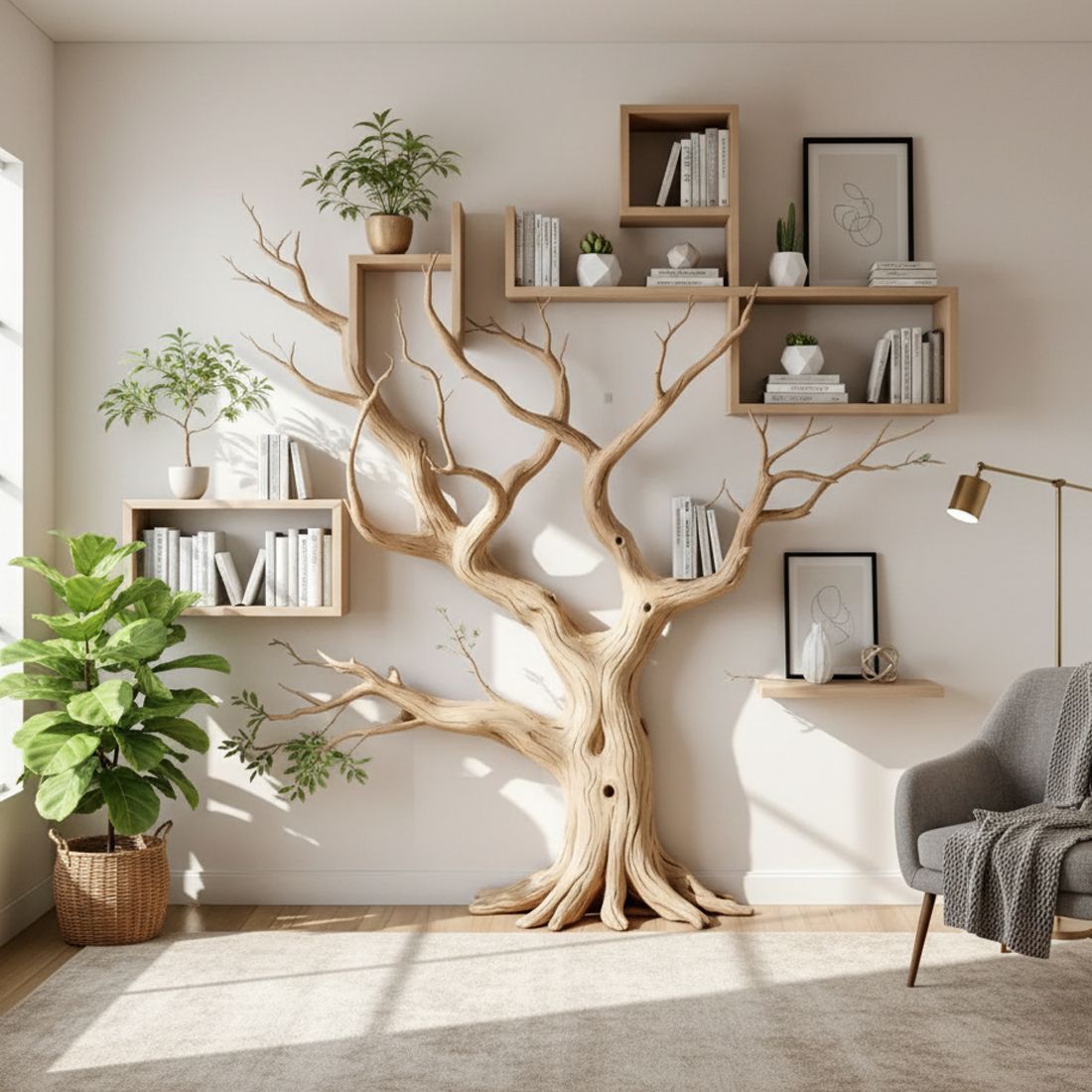 Handcrafted Tree Branch Bookshelf – Rustic Wooden Wall Decor