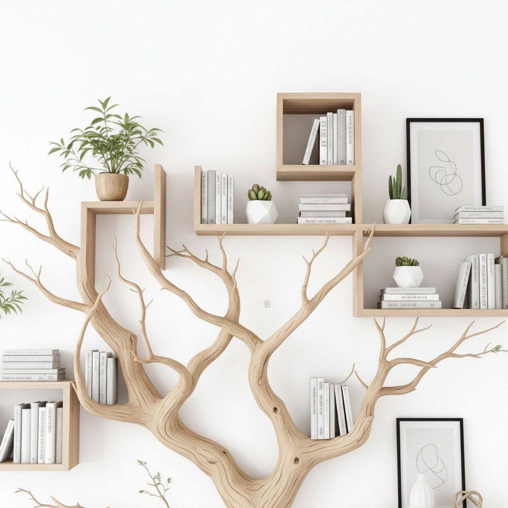 Handcrafted Tree Branch Bookshelf – Rustic Wooden Wall Decor